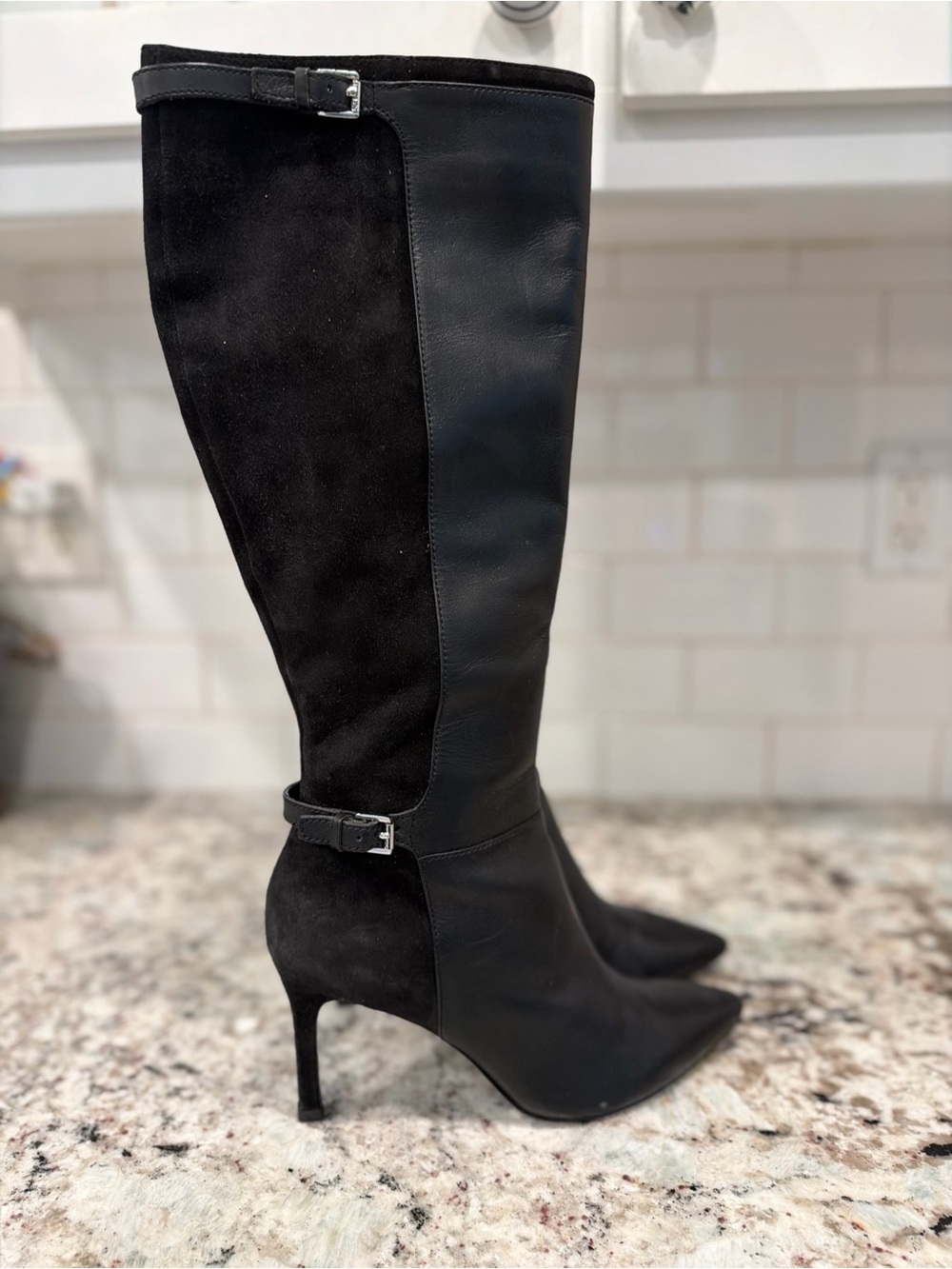 Ralph Lauren Black Leather and Suede Over-the-Knee Stiletto Boots - Picture 2 of 14
